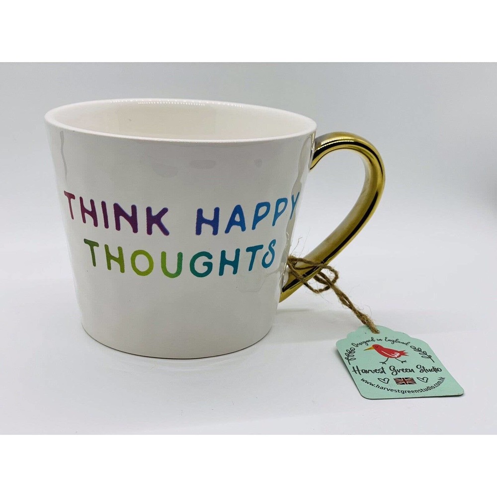 Harvest Greek Studio Think Happy Thoughts mug With Gold Colored Handle